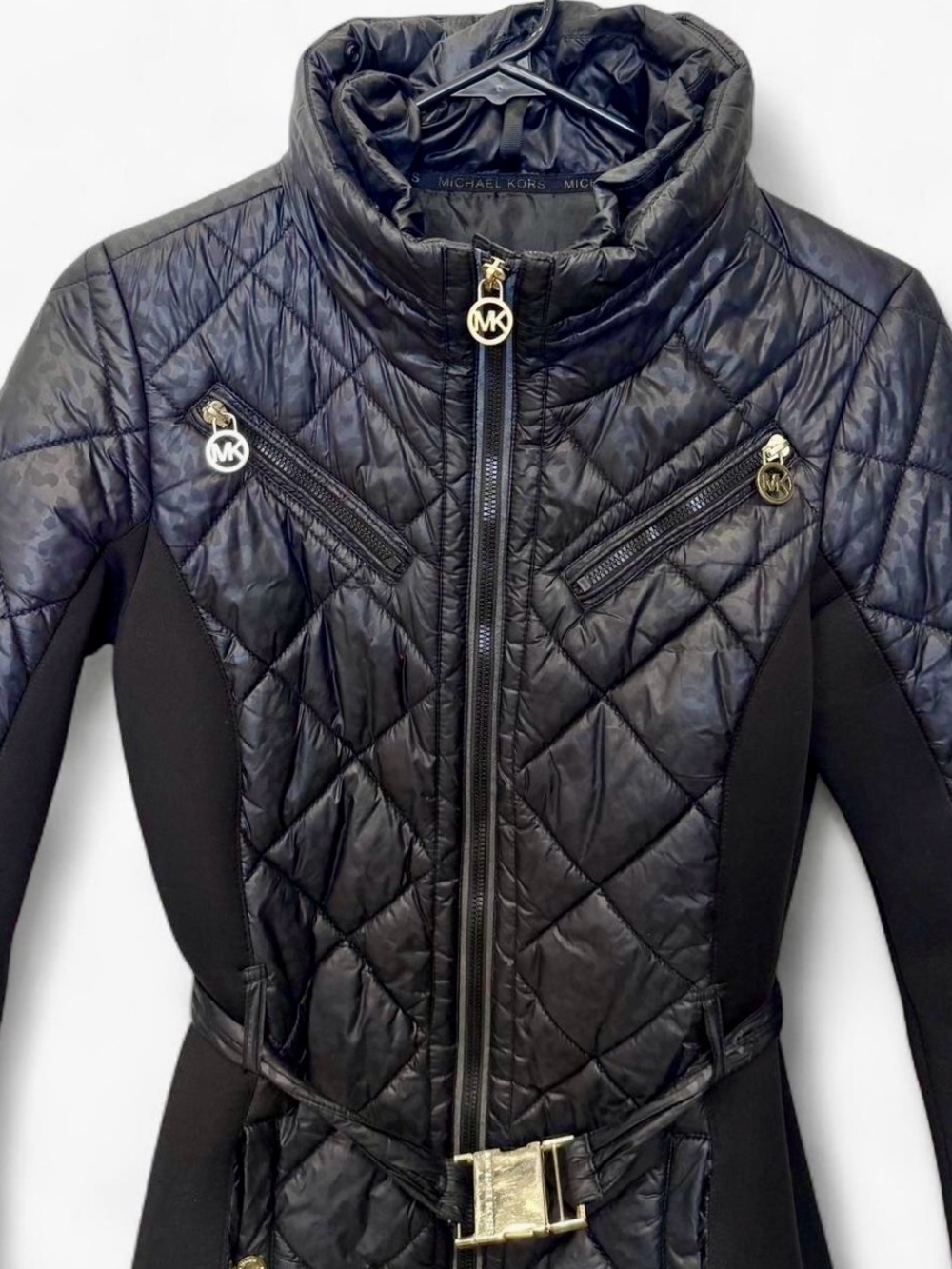 Michael Kors Womens Packable Down Puffer Coat XS Quilted Black Gold Jacket